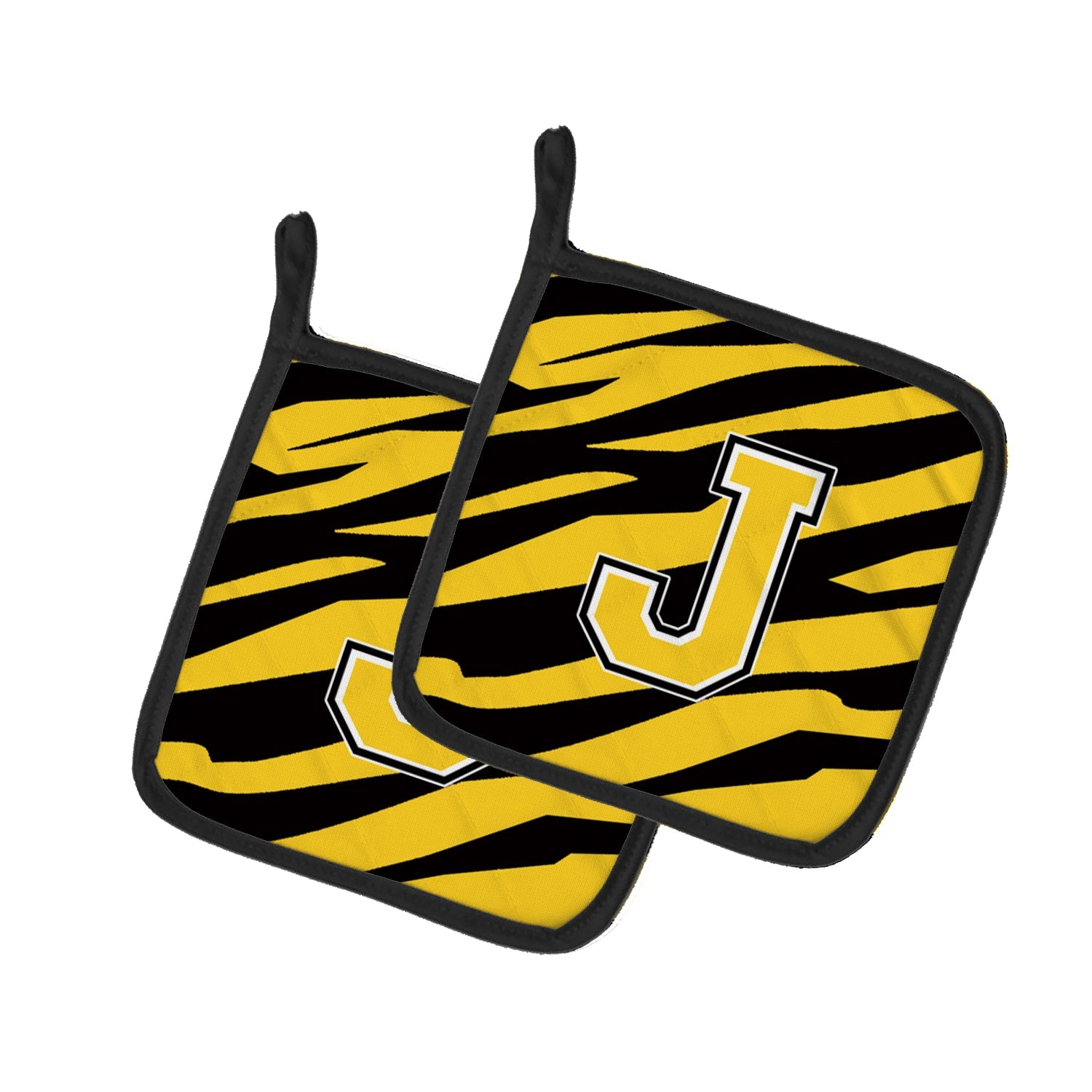 Letter J Initial Tiger Stripe - Black Gold  Pot Holder Set of 2 Heat Resistant Quilted Hot Pads 7.5 x 7.5 Inch, Insulated Kitchen Trivets for Cooking & Baking