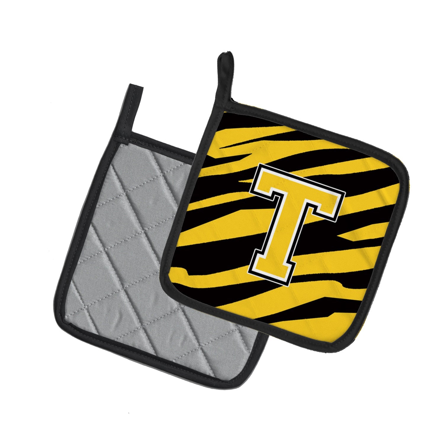 Letter T Initial Tiger Stripe - Black Gold  Pot Holder Set of 2 Heat Resistant Quilted Hot Pads 7.5 x 7.5 Inch, Insulated Kitchen Trivets for Cooking & Baking