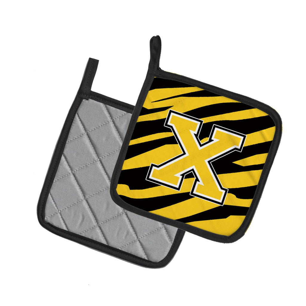 Letter X Initial Tiger Stripe - Black Gold  Pot Holder Set of 2 Heat Resistant Quilted Hot Pads 7.5 x 7.5 Inch, Insulated Kitchen Trivets for Cooking & Baking