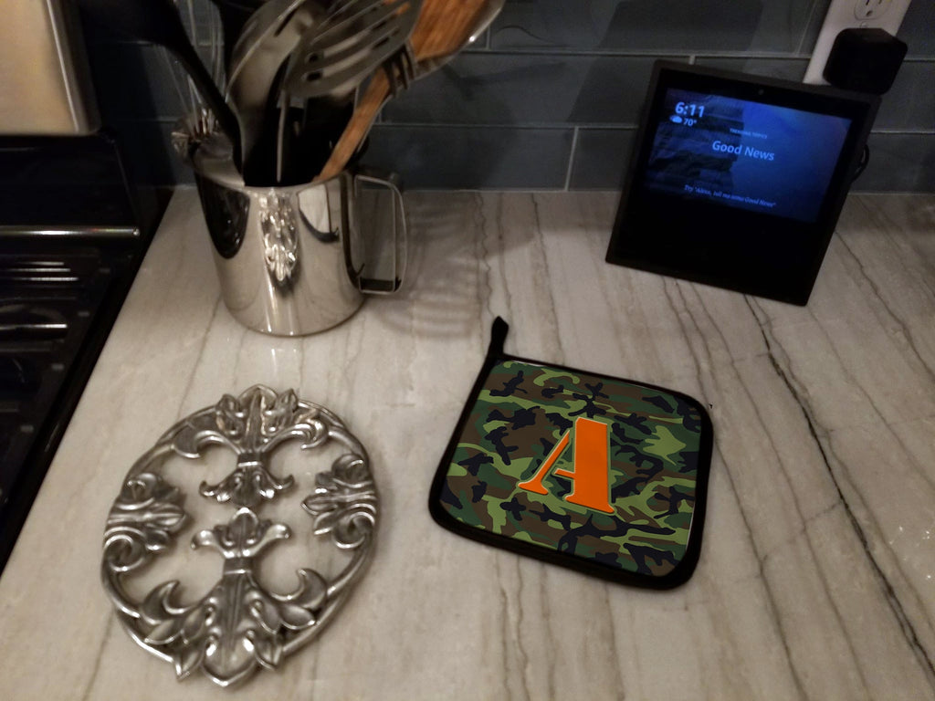 Letter A Monogram - Camo Green Pot Holder Set of 2 Heat Resistant Quilted Hot Pads 7.5 x 7.5 Inch, Insulated Kitchen Trivets for Cooking & Baking