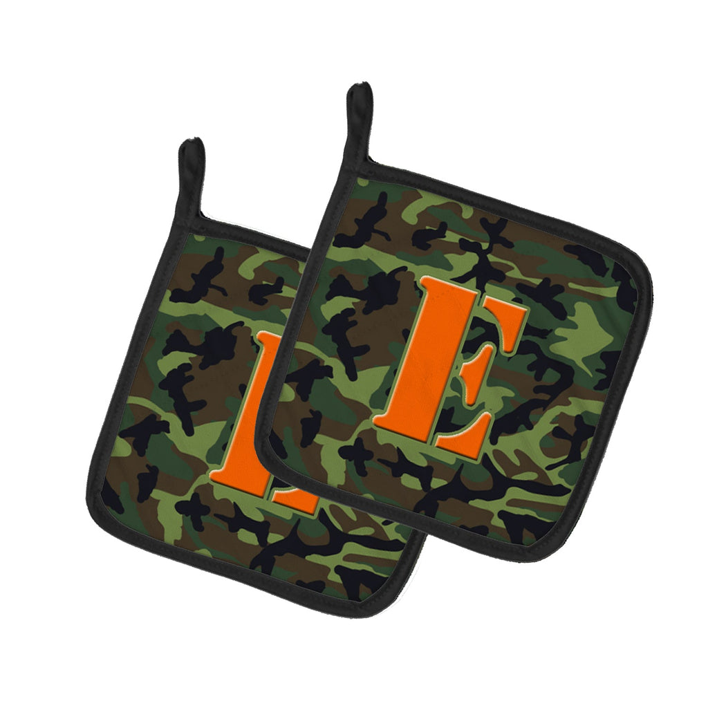 Letter E Monogram - Camo Green Pot Holder Set of 2 Heat Resistant Quilted Hot Pads 7.5 x 7.5 Inch, Insulated Kitchen Trivets for Cooking & Baking