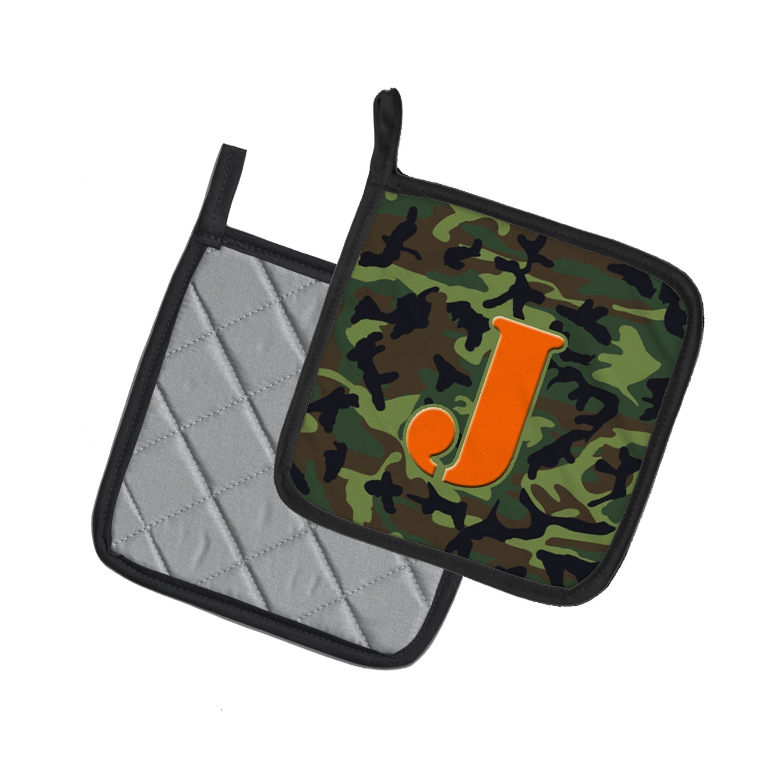 Letter J Monogram - Camo Green Pot Holder Set of 2 Heat Resistant Quilted Hot Pads 7.5 x 7.5 Inch, Insulated Kitchen Trivets for Cooking & Baking