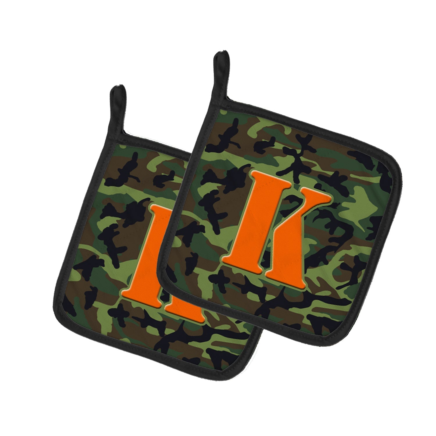 Letter K Monogram - Camo Green Pot Holder Set of 2 Heat Resistant Quilted Hot Pads 7.5 x 7.5 Inch, Insulated Kitchen Trivets for Cooking & Baking