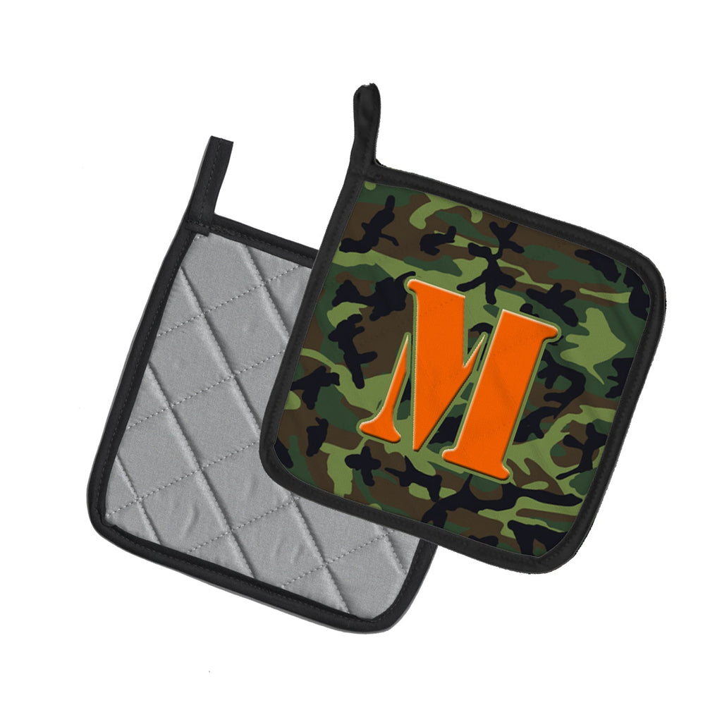 Letter M Monogram - Camo Green Pot Holder Set of 2 Heat Resistant Quilted Hot Pads 7.5 x 7.5 Inch, Insulated Kitchen Trivets for Cooking & Baking