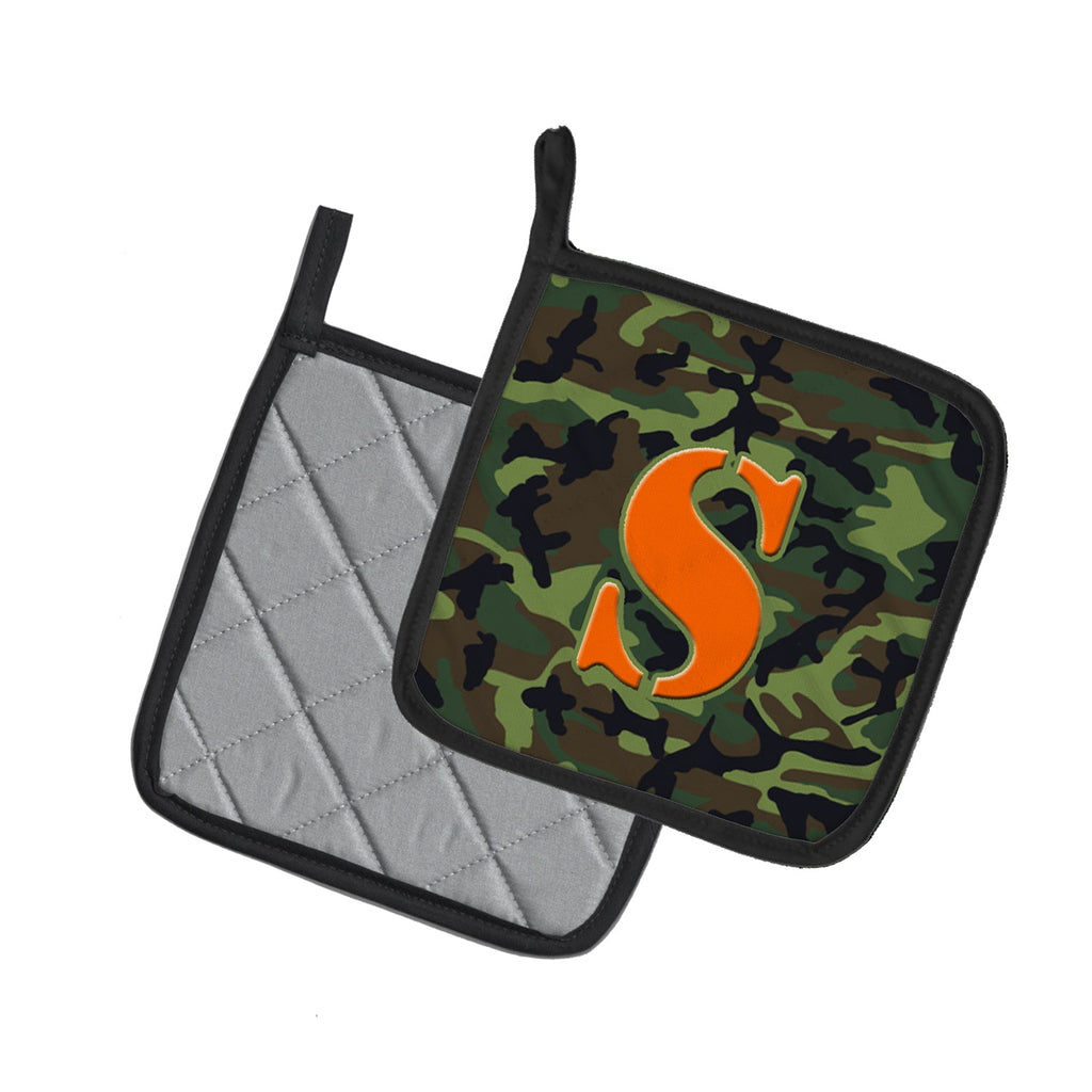 Letter S Monogram - Camo Green Pot Holder Set of 2 Heat Resistant Quilted Hot Pads 7.5 x 7.5 Inch, Insulated Kitchen Trivets for Cooking & Baking