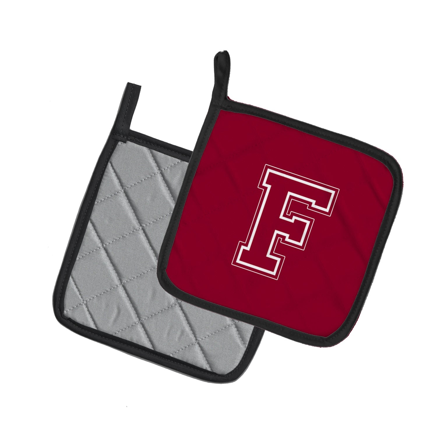 Letter F Initial Monogram - Maroon and White Pot Holder Set of 2 Heat Resistant Quilted Hot Pads 7.5 x 7.5 Inch, Insulated Kitchen Trivets for Cooking & Baking