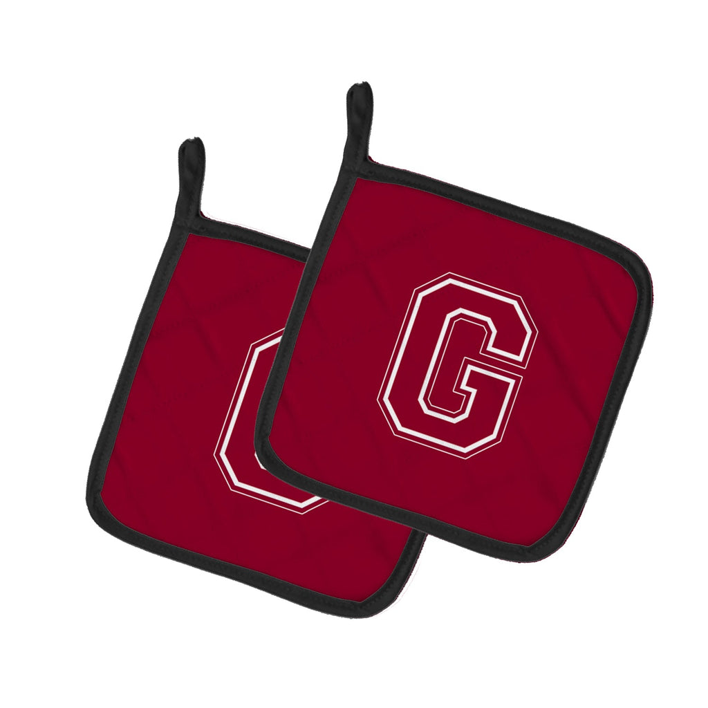 Letter G Initial Monogram - Maroon and White Pot Holder Set of 2 Heat Resistant Quilted Hot Pads 7.5 x 7.5 Inch, Insulated Kitchen Trivets for Cooking & Baking