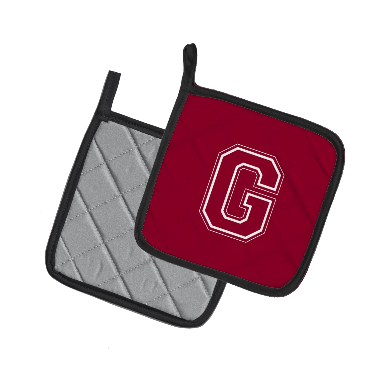 Letter G Initial Monogram - Maroon and White Pot Holder Set of 2 Heat Resistant Quilted Hot Pads 7.5 x 7.5 Inch, Insulated Kitchen Trivets for Cooking & Baking