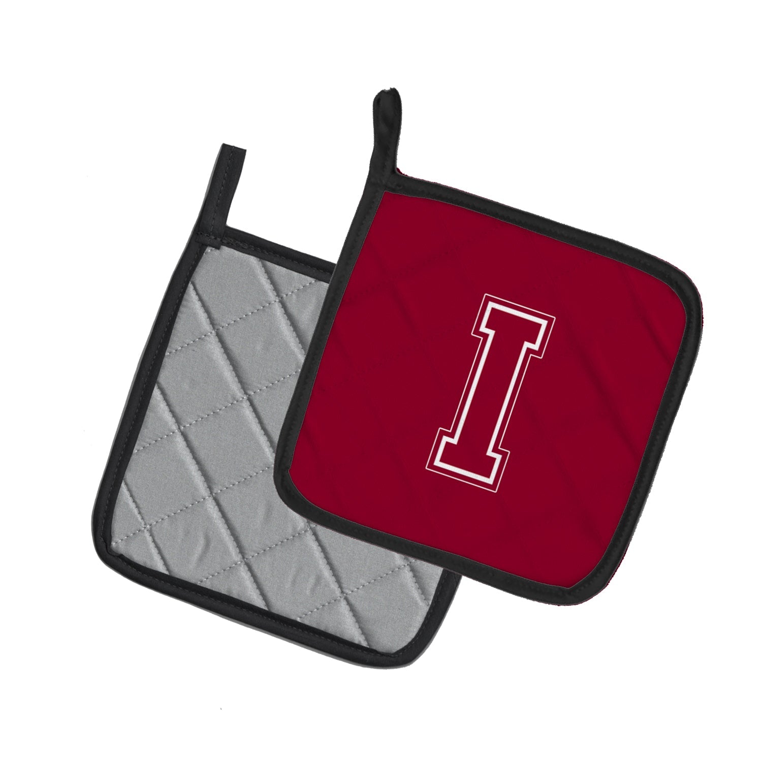 Letter I Initial Monogram - Maroon and White Pot Holder Set of 2 Heat Resistant Quilted Hot Pads 7.5 x 7.5 Inch, Insulated Kitchen Trivets for Cooking & Baking