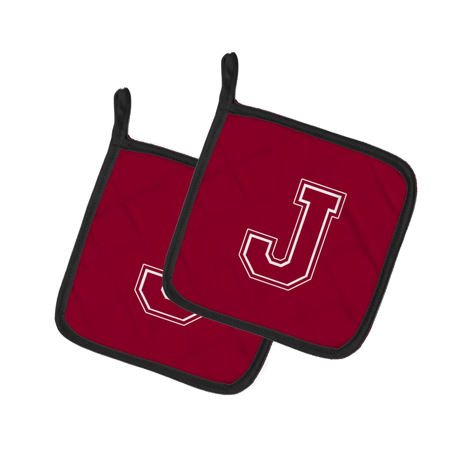 Letter J Initial Monogram - Maroon and White Pot Holder Set of 2 Heat Resistant Quilted Hot Pads 7.5 x 7.5 Inch, Insulated Kitchen Trivets for Cooking & Baking