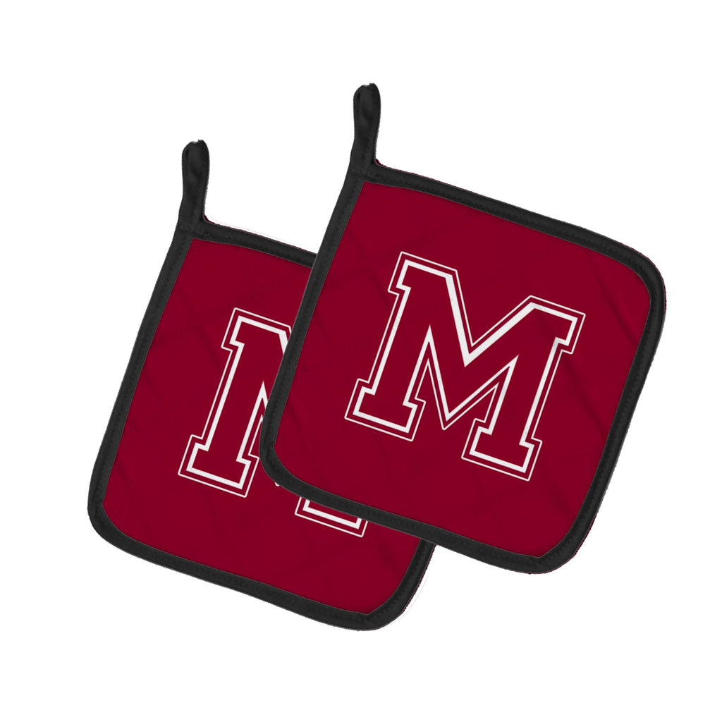 Letter M Initial Monogram - Maroon and White Pot Holder Set of 2 Heat Resistant Quilted Hot Pads 7.5 x 7.5 Inch, Insulated Kitchen Trivets for Cooking & Baking