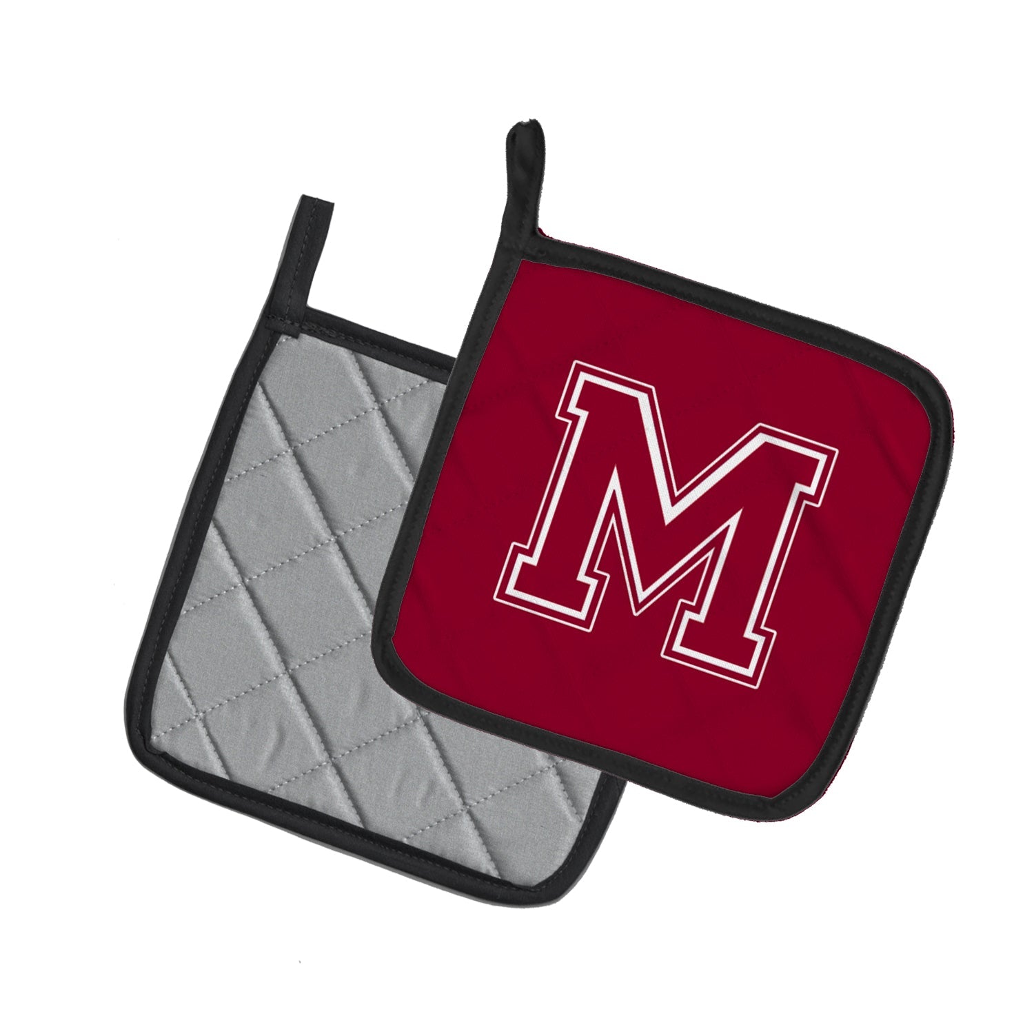 Letter M Initial Monogram - Maroon and White Pot Holder Set of 2 Heat Resistant Quilted Hot Pads 7.5 x 7.5 Inch, Insulated Kitchen Trivets for Cooking & Baking