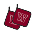 Letter W Initial Monogram - Maroon and White Pot Holder Set of 2 Heat Resistant Quilted Hot Pads 7.5 x 7.5 Inch, Insulated Kitchen Trivets for Cooking & Baking