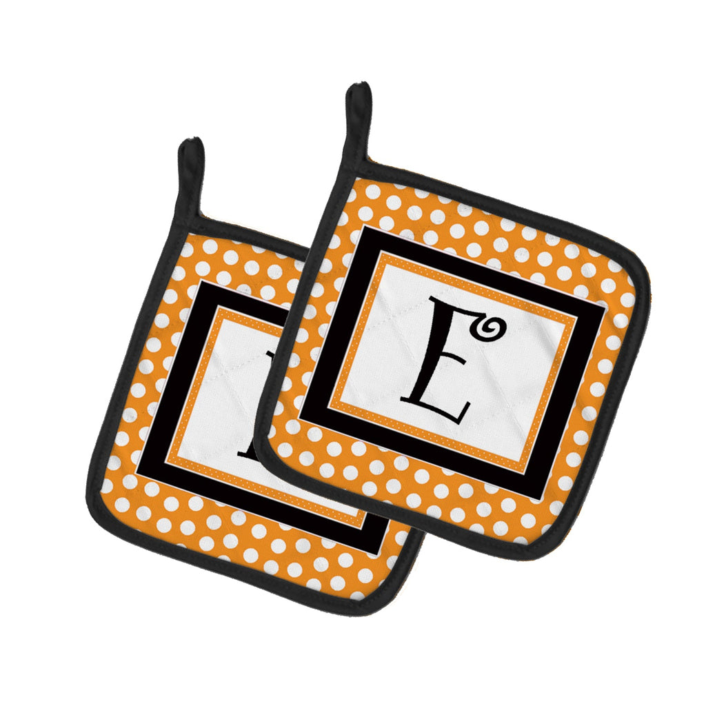 Letter E Initial Monogram - Orange Polkadots Pot Holder Set of 2 Heat Resistant Quilted Hot Pads 7.5 x 7.5 Inch, Insulated Kitchen Trivets for Cooking & Baking