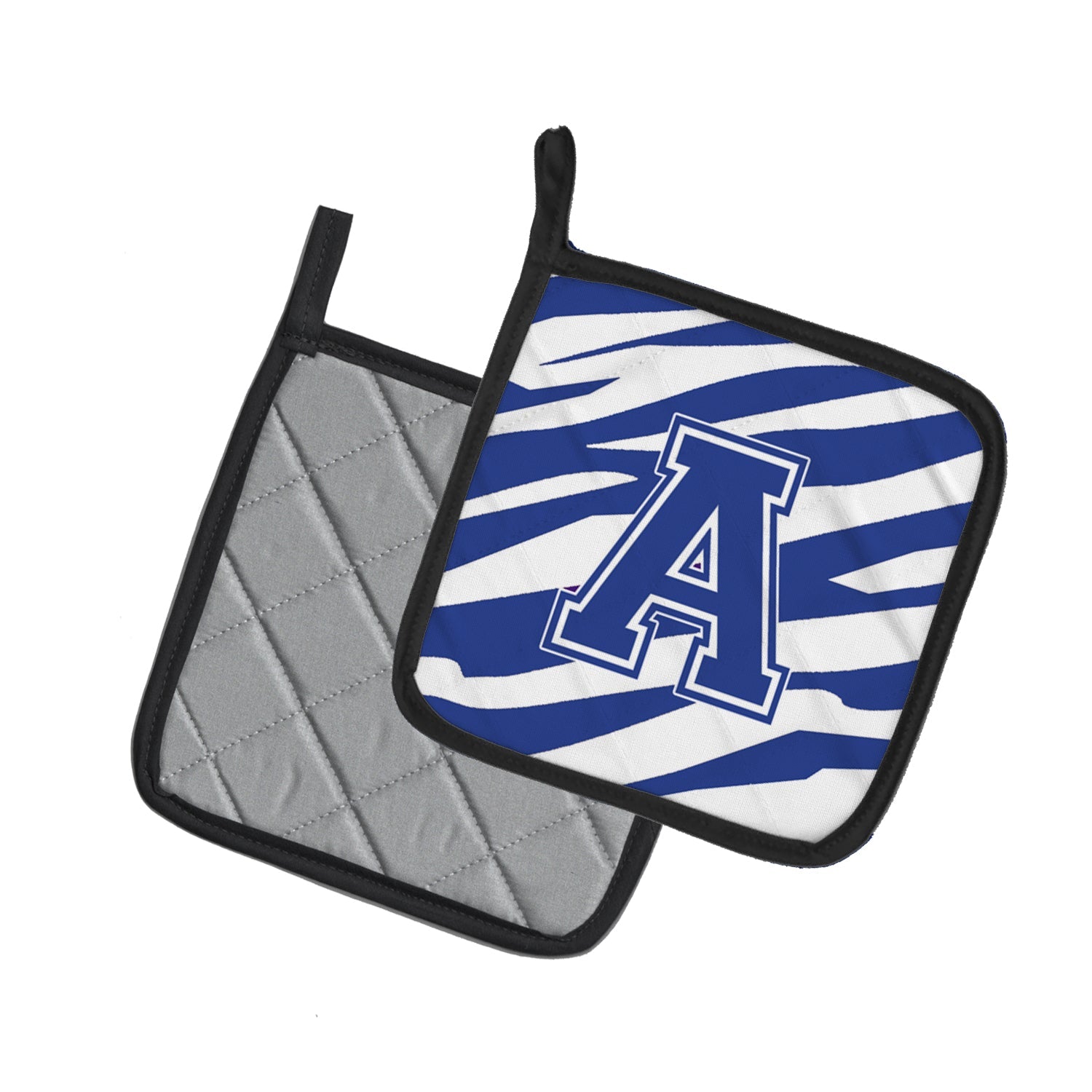 Letter A Monogram - Blue White Tiger Stripe Pot Holder Set of 2 Heat Resistant Quilted Hot Pads 7.5 x 7.5 Inch, Insulated Kitchen Trivets for Cooking & Baking