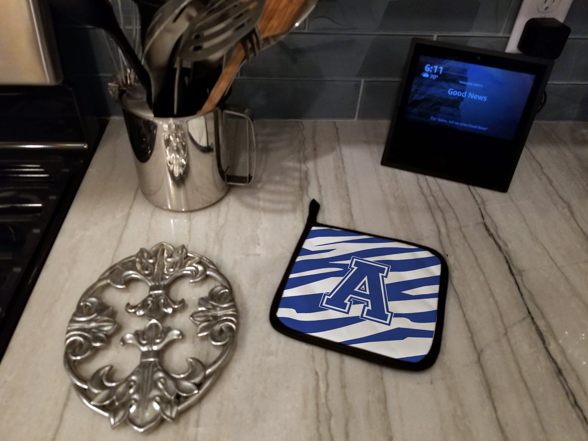 Letter A Monogram - Blue White Tiger Stripe Pot Holder Set of 2 Heat Resistant Quilted Hot Pads 7.5 x 7.5 Inch, Insulated Kitchen Trivets for Cooking & Baking