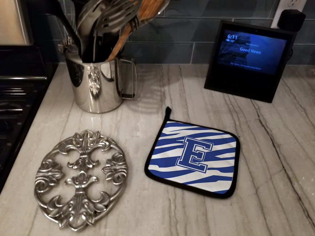 Letter E Initial Tiger Stripe Blue and White Pot Holder Set of 2 Heat Resistant Quilted Hot Pads 7.5 x 7.5 Inch, Insulated Kitchen Trivets for Cooking & Baking