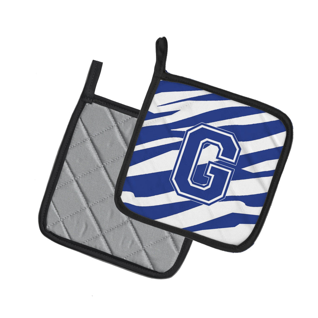 Letter G Initial Tiger Stripe Blue and White Pot Holder Set of 2 Heat Resistant Quilted Hot Pads 7.5 x 7.5 Inch, Insulated Kitchen Trivets for Cooking & Baking