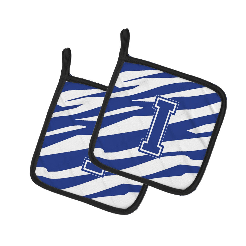 Letter I Initial Tiger Stripe Blue and White Pot Holder Set of 2 Heat Resistant Quilted Hot Pads 7.5 x 7.5 Inch, Insulated Kitchen Trivets for Cooking & Baking