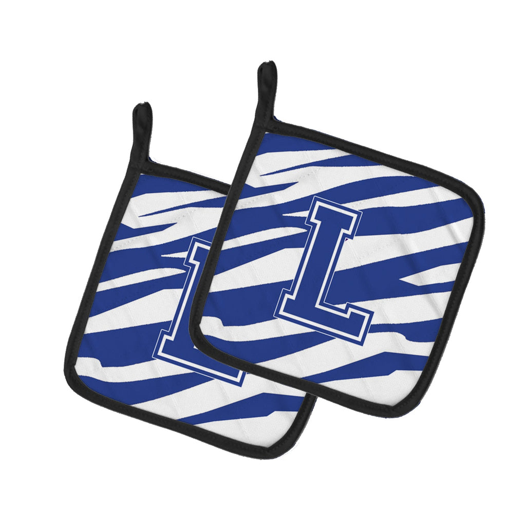 Letter L Initial Tiger Stripe Blue and White Pot Holder Set of 2 Heat Resistant Quilted Hot Pads 7.5 x 7.5 Inch, Insulated Kitchen Trivets for Cooking & Baking