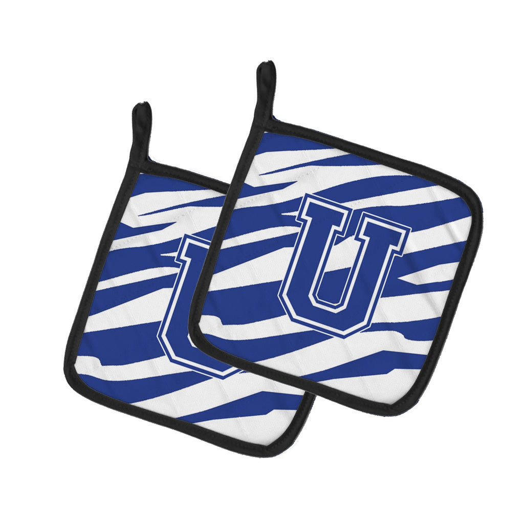 Letter U Initial Tiger Stripe Blue and White Pot Holder Set of 2 Heat Resistant Quilted Hot Pads 7.5 x 7.5 Inch, Insulated Kitchen Trivets for Cooking & Baking