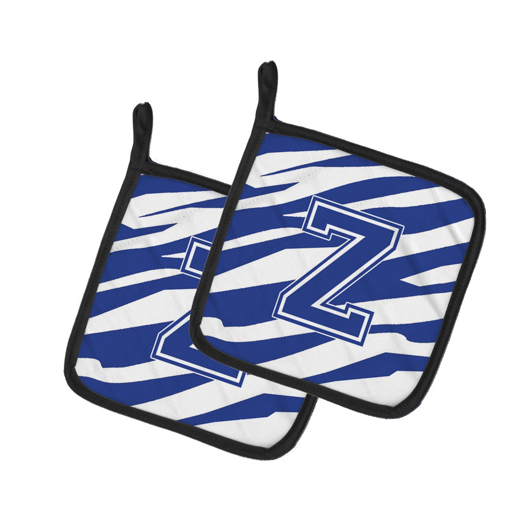 Letter Z Initial Tiger Stripe Blue and White Pot Holder Set of 2 Heat Resistant Quilted Hot Pads 7.5 x 7.5 Inch, Insulated Kitchen Trivets for Cooking & Baking