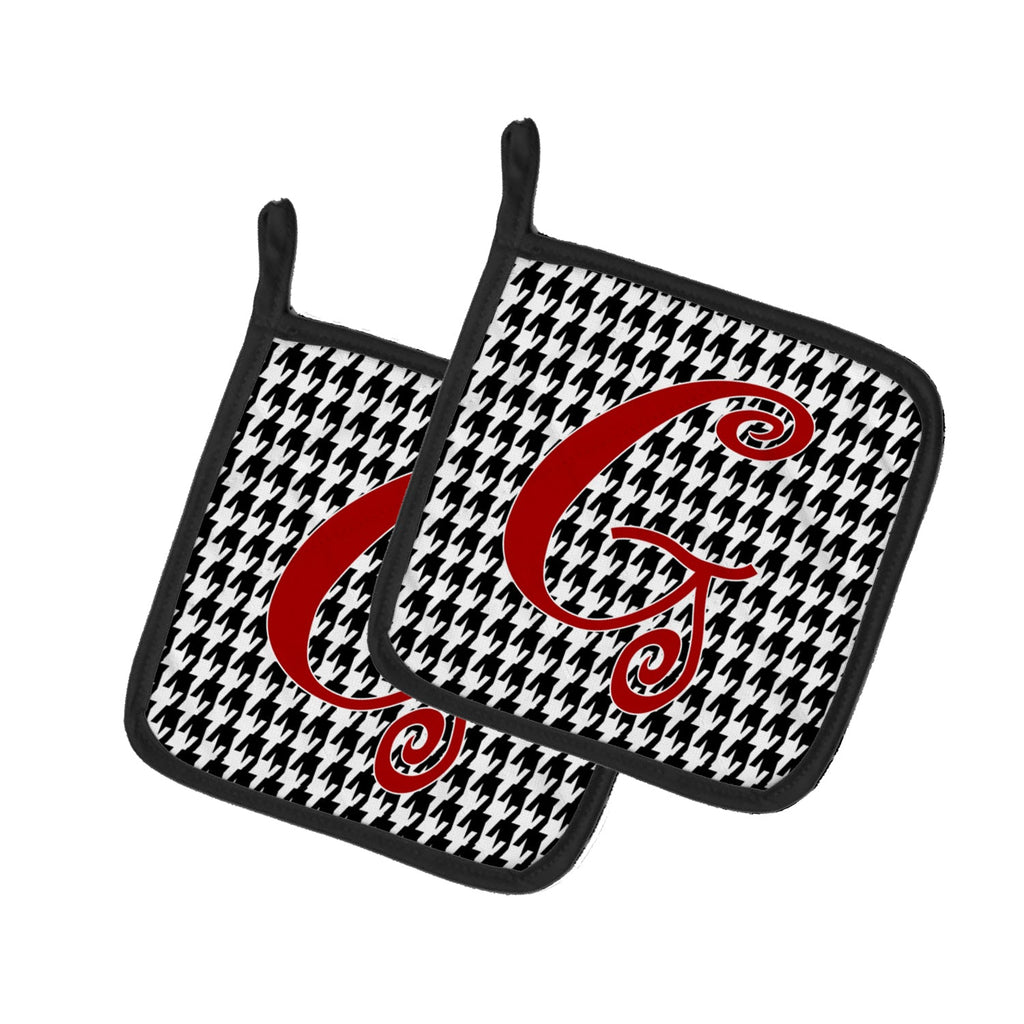 Letter G Initial Monogram - Houndstooth Black Pot Holder Set of 2 Heat Resistant Quilted Hot Pads 7.5 x 7.5 Inch, Insulated Kitchen Trivets for Cooking & Baking