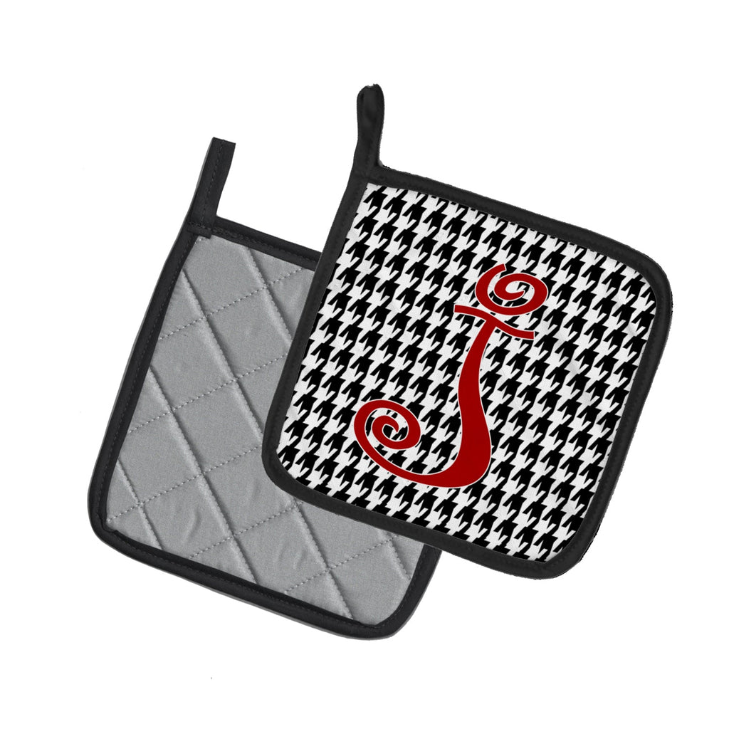 Letter J Initial Monogram - Houndstooth Black Pot Holder Set of 2 Heat Resistant Quilted Hot Pads 7.5 x 7.5 Inch, Insulated Kitchen Trivets for Cooking & Baking
