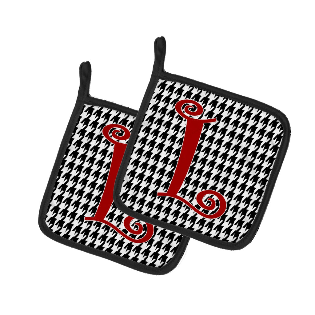 Letter L Initial Monogram - Houndstooth Black Pot Holder Set of 2 Heat Resistant Quilted Hot Pads 7.5 x 7.5 Inch, Insulated Kitchen Trivets for Cooking & Baking