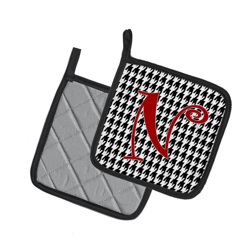Letter N Initial Monogram - Houndstooth Black Pot Holder Set of 2 Heat Resistant Quilted Hot Pads 7.5 x 7.5 Inch, Insulated Kitchen Trivets for Cooking & Baking