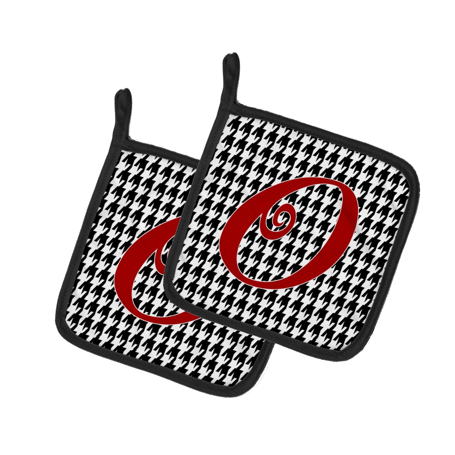 Letter O Initial Monogram - Houndstooth Black Pot Holder Set of 2 Heat Resistant Quilted Hot Pads 7.5 x 7.5 Inch, Insulated Kitchen Trivets for Cooking & Baking