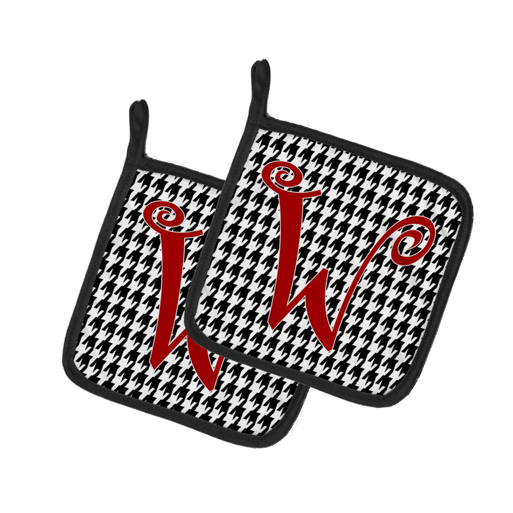 Letter W Initial Monogram - Houndstooth Black Pot Holder Set of 2 Heat Resistant Quilted Hot Pads 7.5 x 7.5 Inch, Insulated Kitchen Trivets for Cooking & Baking