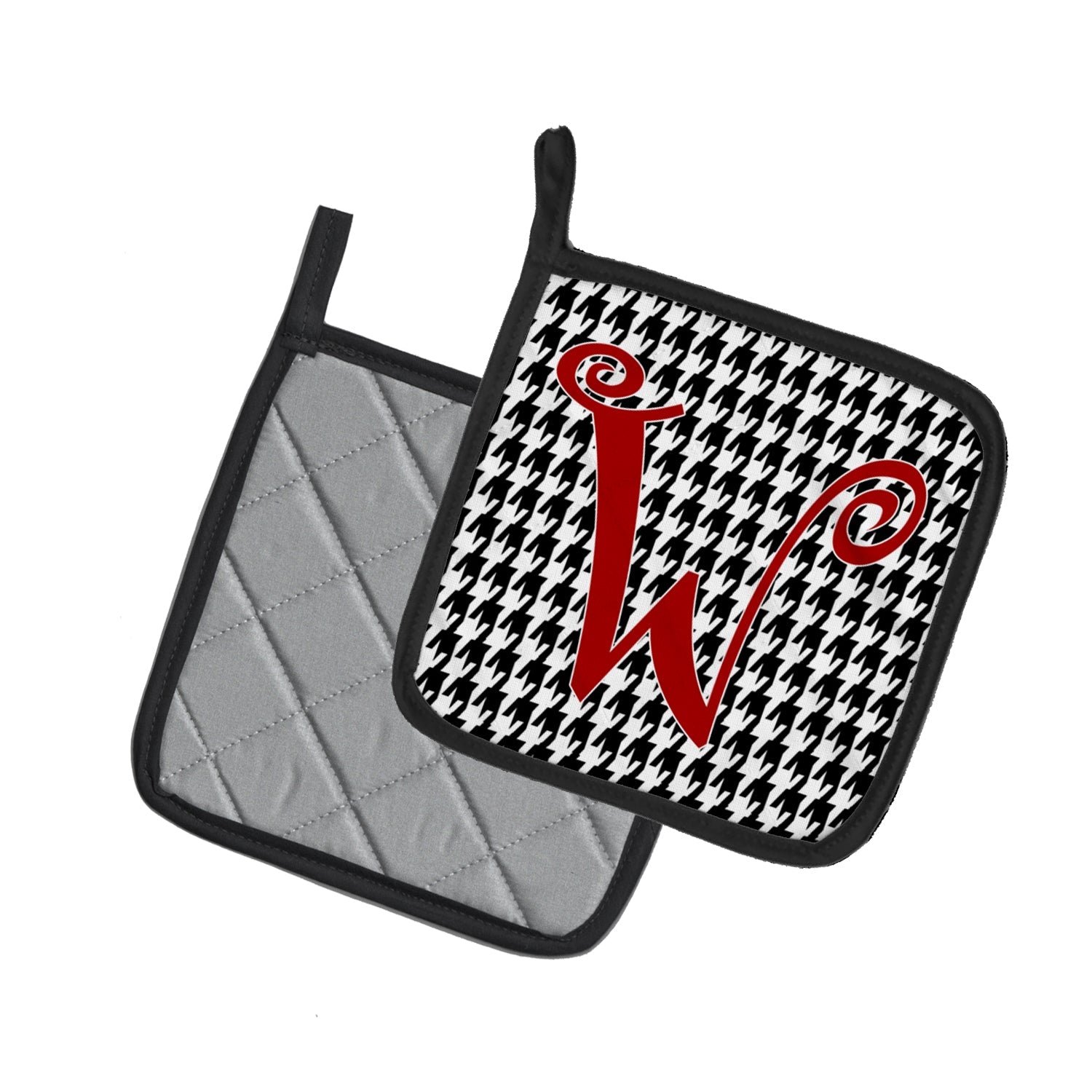 Letter W Initial Monogram - Houndstooth Black Pot Holder Set of 2 Heat Resistant Quilted Hot Pads 7.5 x 7.5 Inch, Insulated Kitchen Trivets for Cooking & Baking