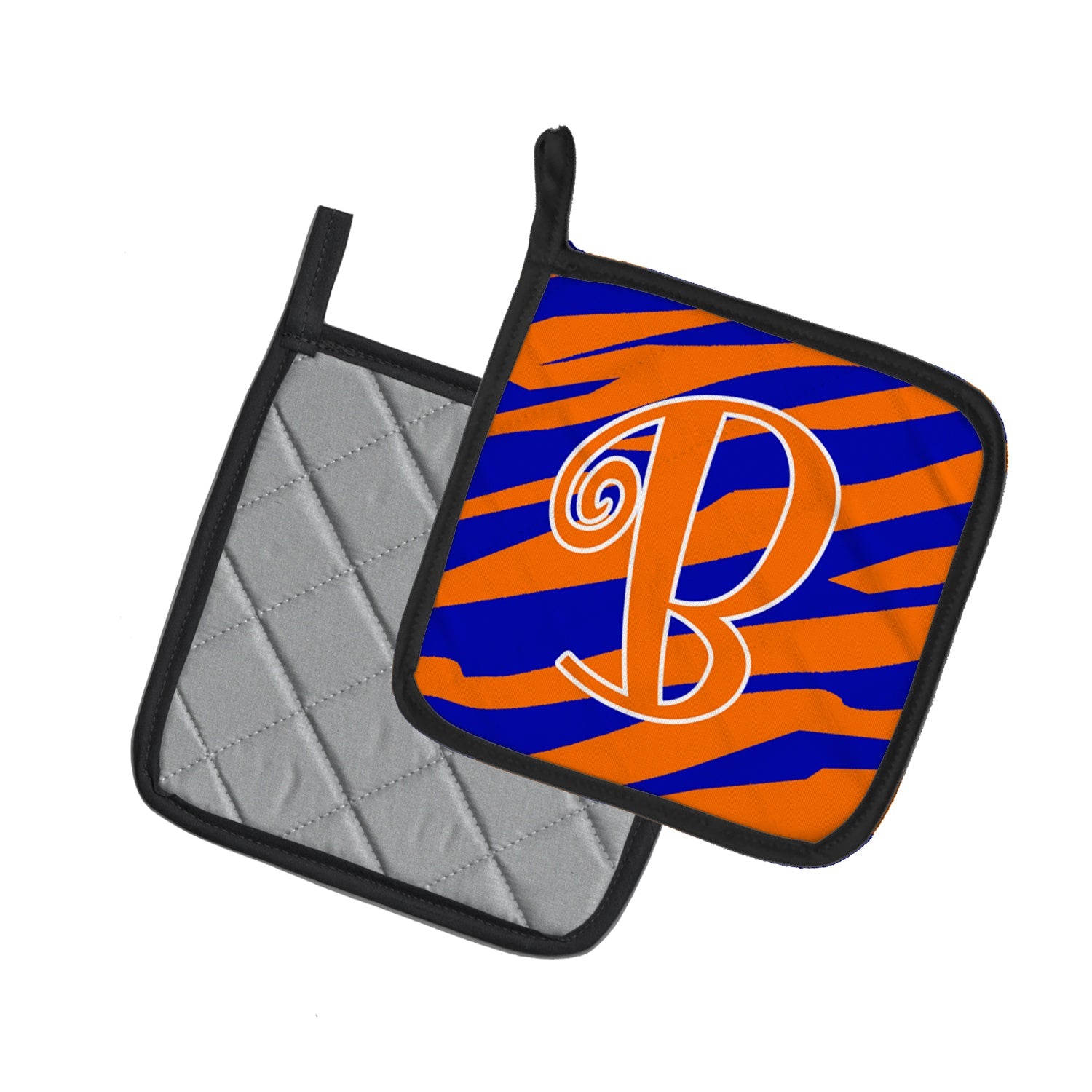 Letter B Initial Tiger Stripe Blue and Orange Pot Holder Set of 2 Heat Resistant Quilted Hot Pads 7.5 x 7.5 Inch, Insulated Kitchen Trivets for Cooking & Baking