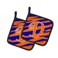 Letter D Initial Tiger Stripe Blue and Orange Pot Holder Set of 2 Heat Resistant Quilted Hot Pads 7.5 x 7.5 Inch, Insulated Kitchen Trivets for Cooking & Baking
