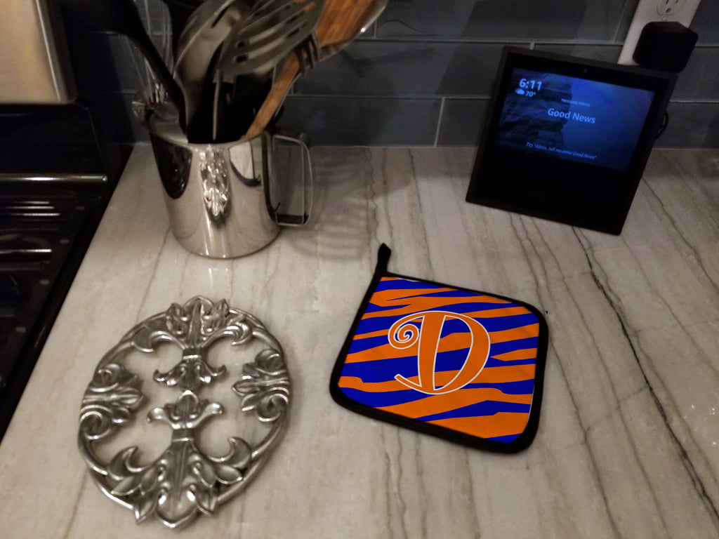 Letter D Initial Tiger Stripe Blue and Orange Pot Holder Set of 2 Heat Resistant Quilted Hot Pads 7.5 x 7.5 Inch, Insulated Kitchen Trivets for Cooking & Baking