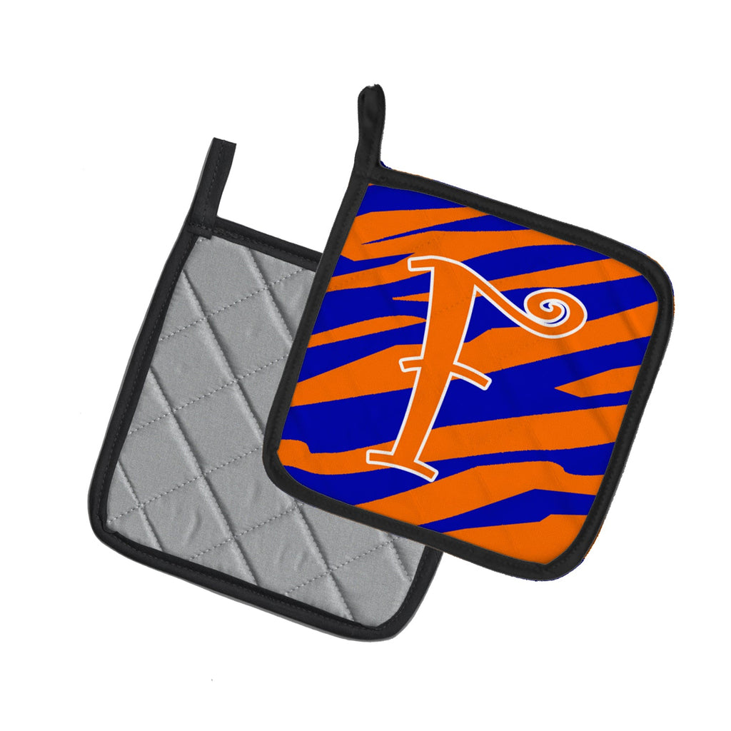 Letter F Initial Tiger Stripe Blue and Orange Pot Holder Set of 2 Heat Resistant Quilted Hot Pads 7.5 x 7.5 Inch, Insulated Kitchen Trivets for Cooking & Baking