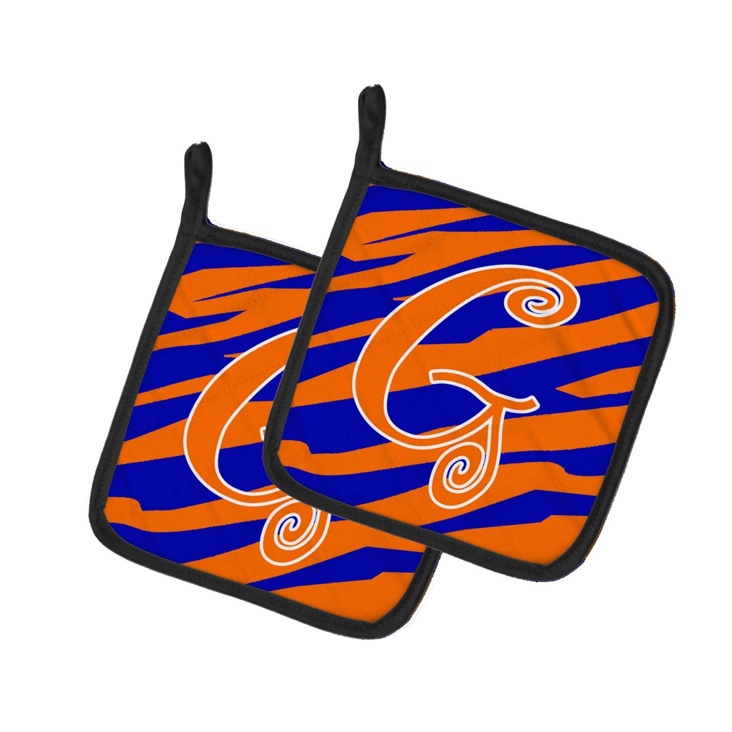 Letter G Initial Tiger Stripe Blue and Orange Pot Holder Set of 2 Heat Resistant Quilted Hot Pads 7.5 x 7.5 Inch, Insulated Kitchen Trivets for Cooking & Baking