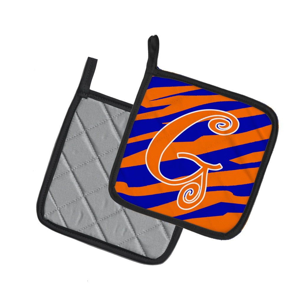 Letter G Initial Tiger Stripe Blue and Orange Pot Holder Set of 2 Heat Resistant Quilted Hot Pads 7.5 x 7.5 Inch, Insulated Kitchen Trivets for Cooking & Baking
