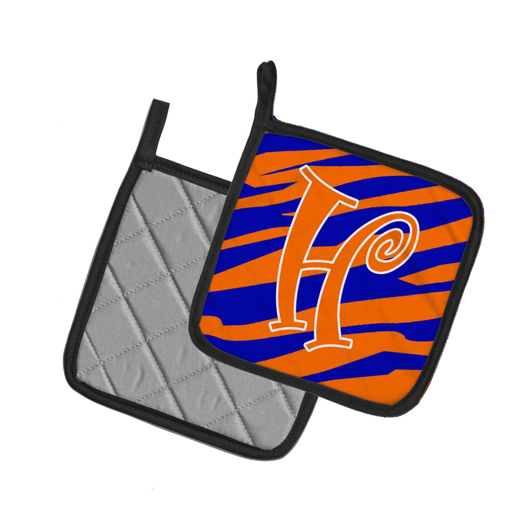 Letter H Initial Tiger Stripe Blue and Orange Pot Holder Set of 2 Heat Resistant Quilted Hot Pads 7.5 x 7.5 Inch, Insulated Kitchen Trivets for Cooking & Baking