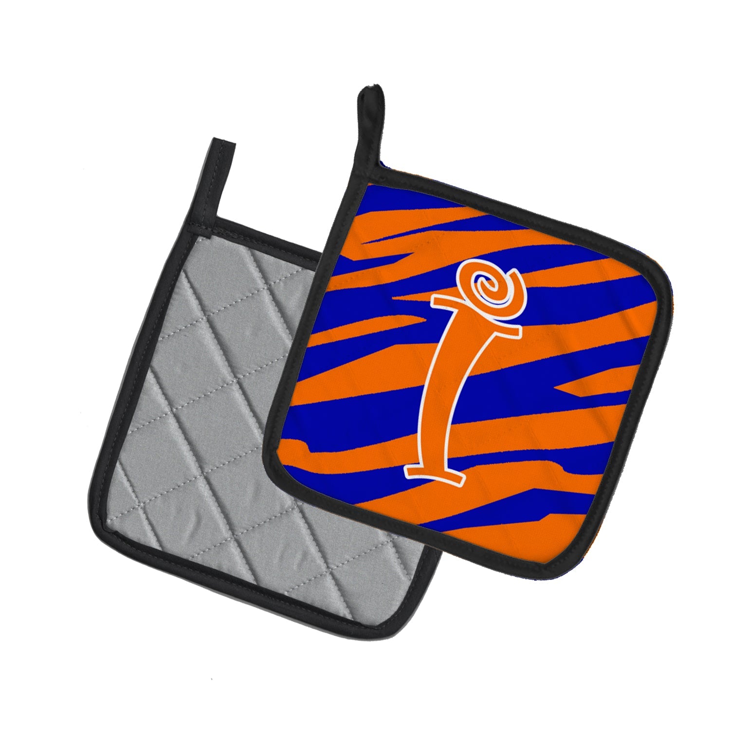 Letter I Initial Tiger Stripe Blue and Orange Pot Holder Set of 2 Heat Resistant Quilted Hot Pads 7.5 x 7.5 Inch, Insulated Kitchen Trivets for Cooking & Baking