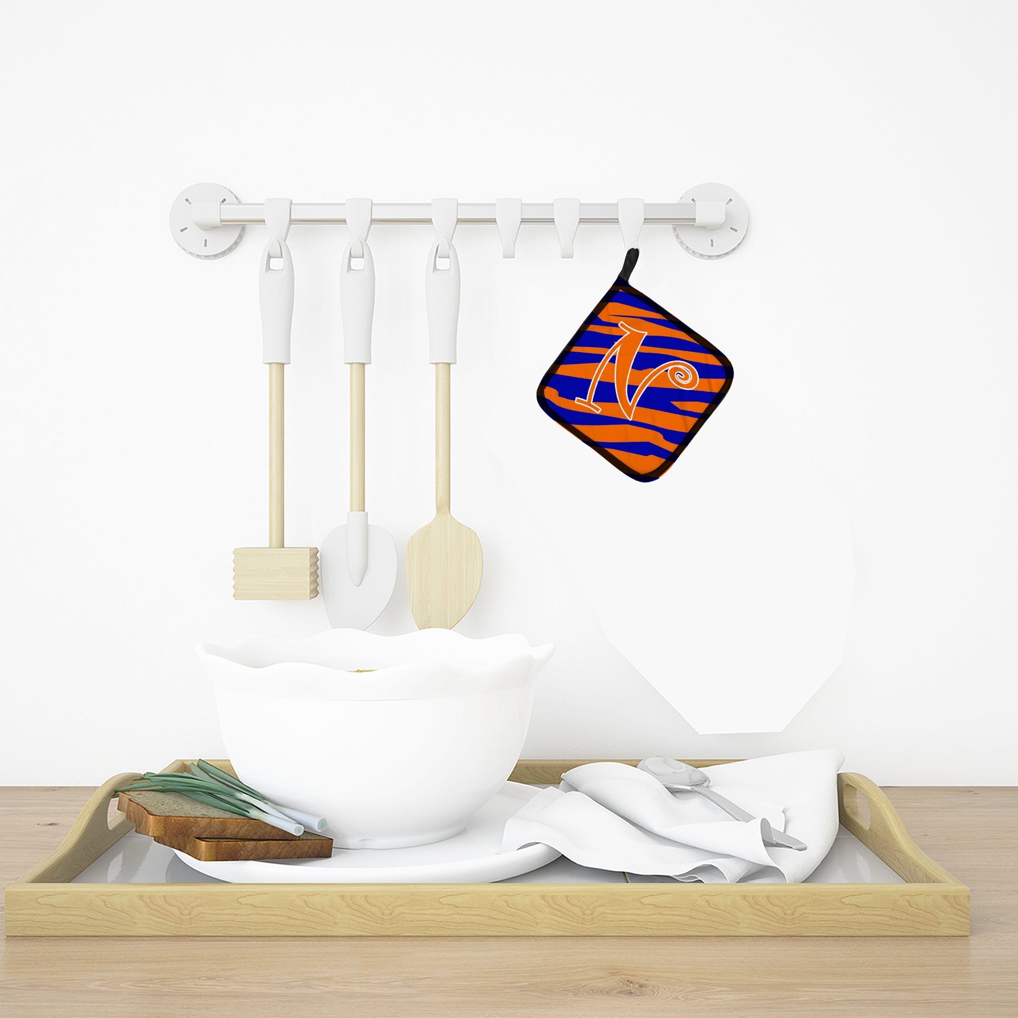 Letter N Initial Tiger Stripe Blue and Orange Pot Holder Set of 2 Heat Resistant Quilted Hot Pads 7.5 x 7.5 Inch, Insulated Kitchen Trivets for Cooking & Baking
