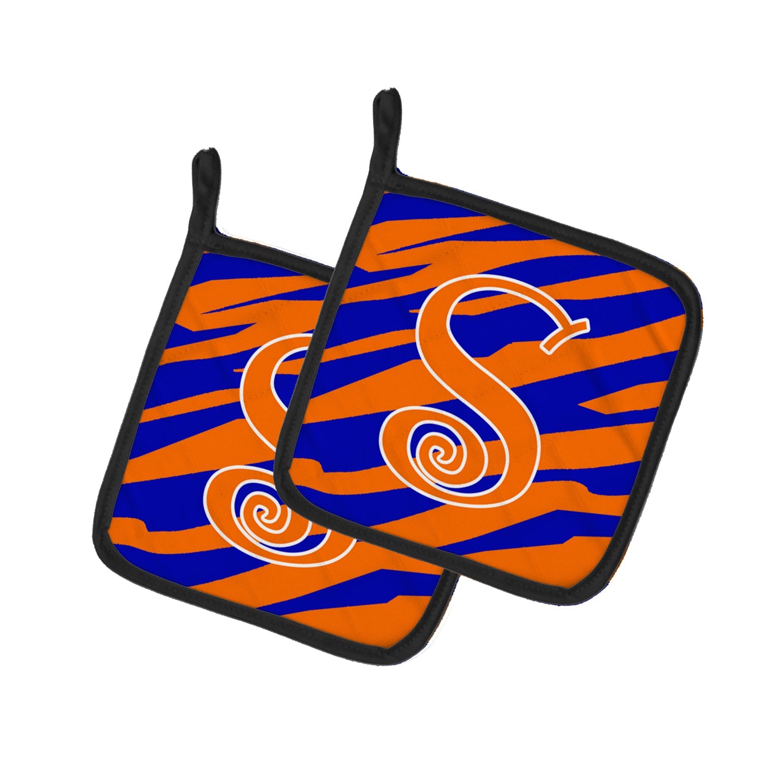 Letter S Initial  Tiger Stripe Blue and Orange Pot Holder Set of 2 Heat Resistant Quilted Hot Pads 7.5 x 7.5 Inch, Insulated Kitchen Trivets for Cooking & Baking