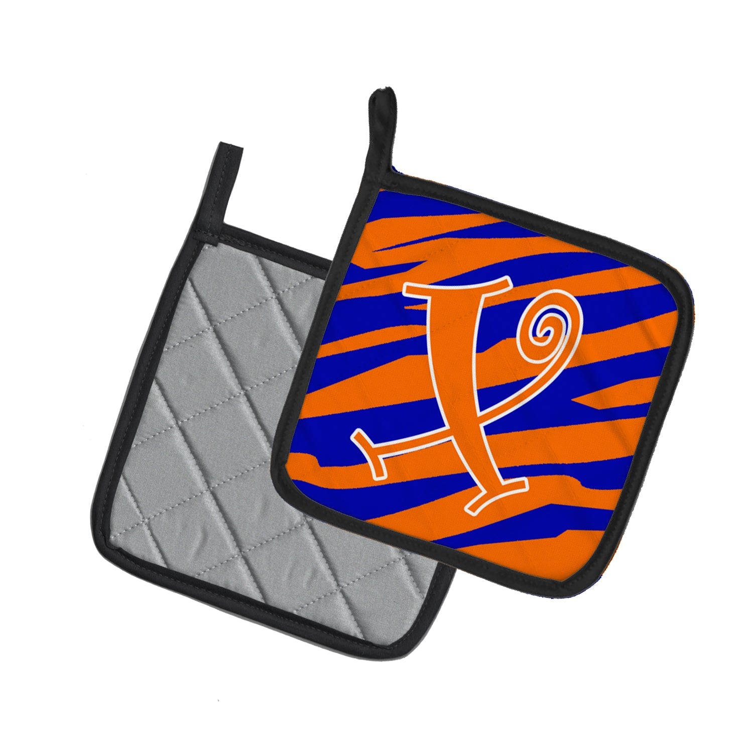 Letter X Initial  Tiger Stripe Blue and Orange Pot Holder Set of 2 Heat Resistant Quilted Hot Pads 7.5 x 7.5 Inch, Insulated Kitchen Trivets for Cooking & Baking