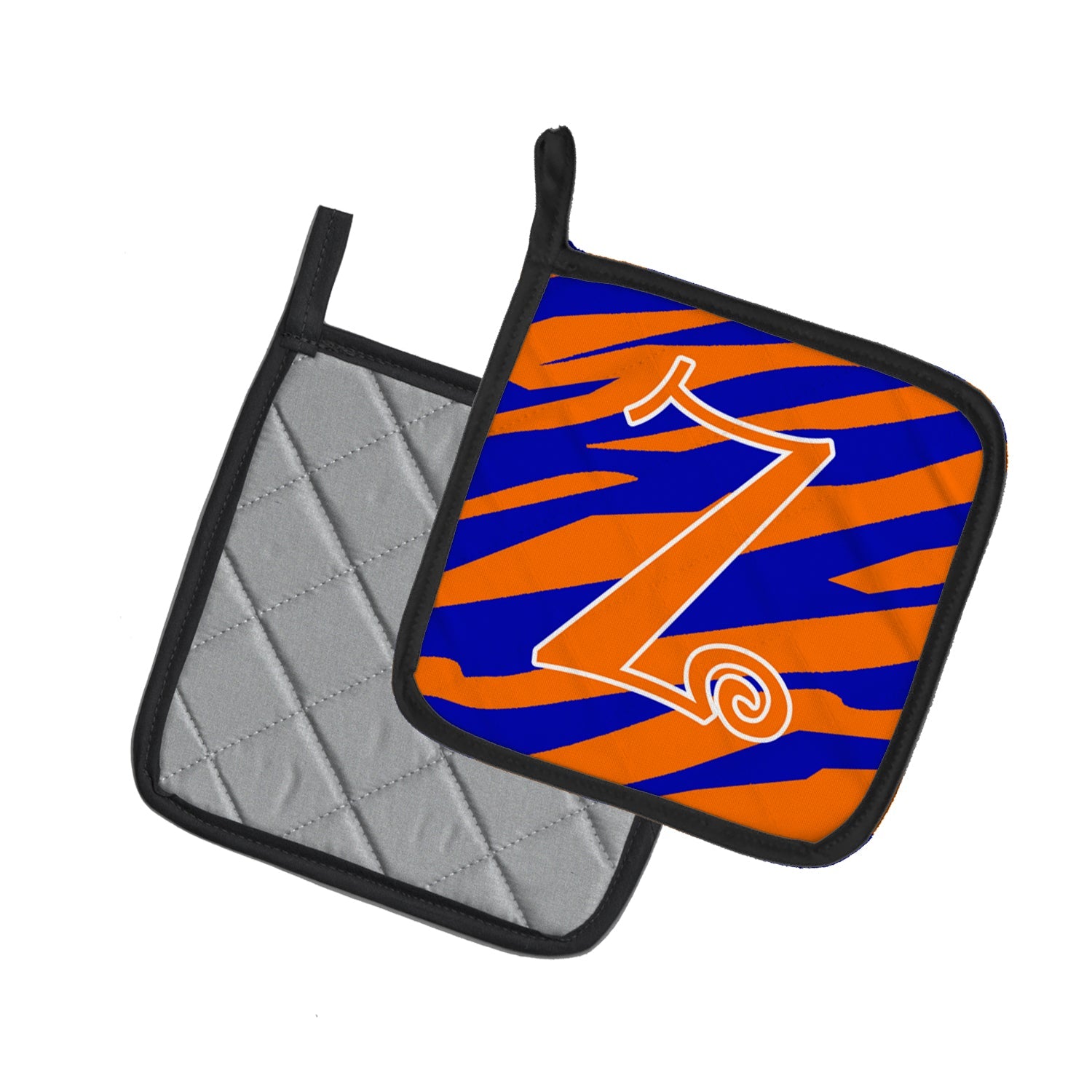 Letter Z Initial Tiger Stripe Blue and Orange Pot Holder Set of 2 Heat Resistant Quilted Hot Pads 7.5 x 7.5 Inch, Insulated Kitchen Trivets for Cooking & Baking