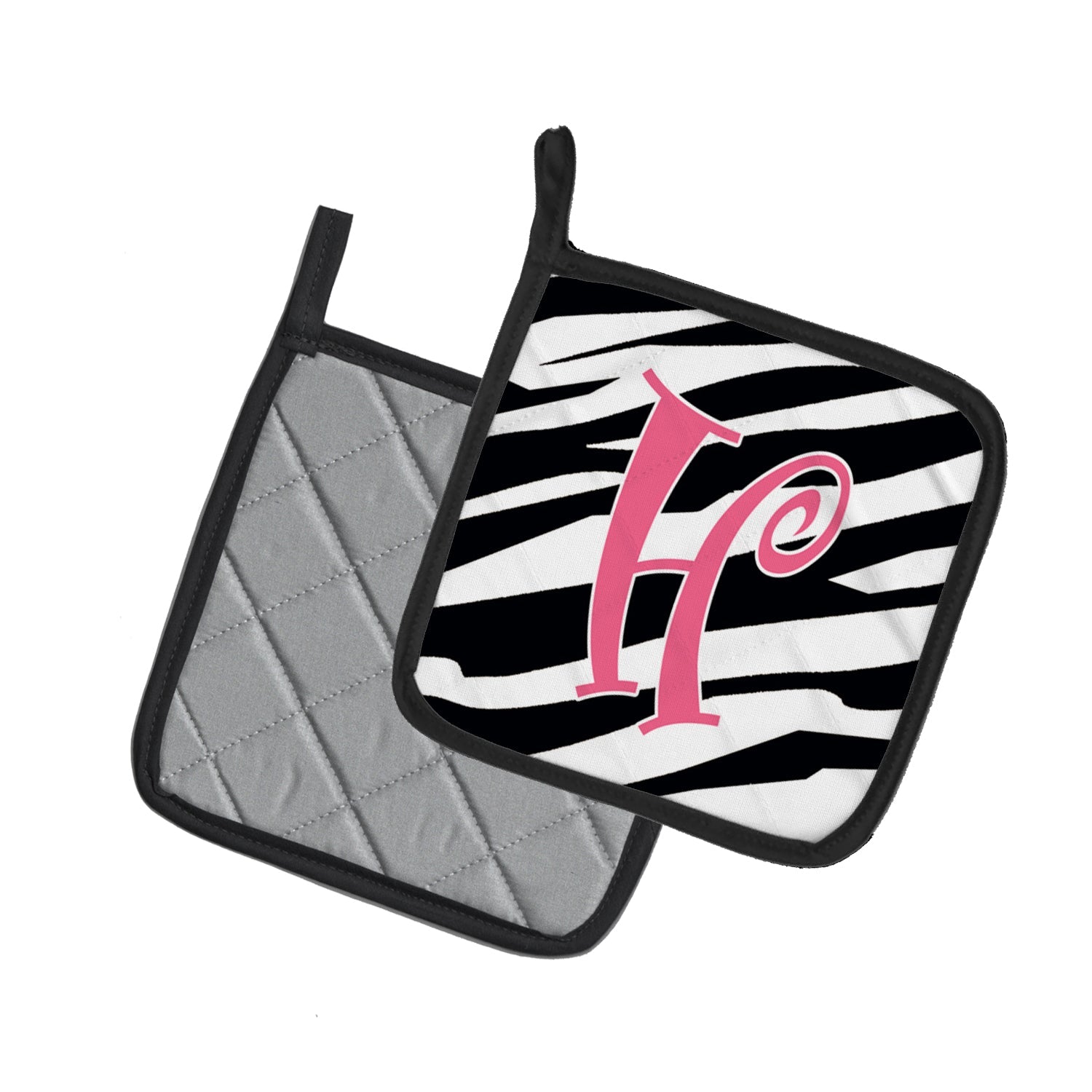 Letter H Initial  Zebra Stripe and Pink Pot Holder Set of 2 Heat Resistant Quilted Hot Pads 7.5 x 7.5 Inch, Insulated Kitchen Trivets for Cooking & Baking