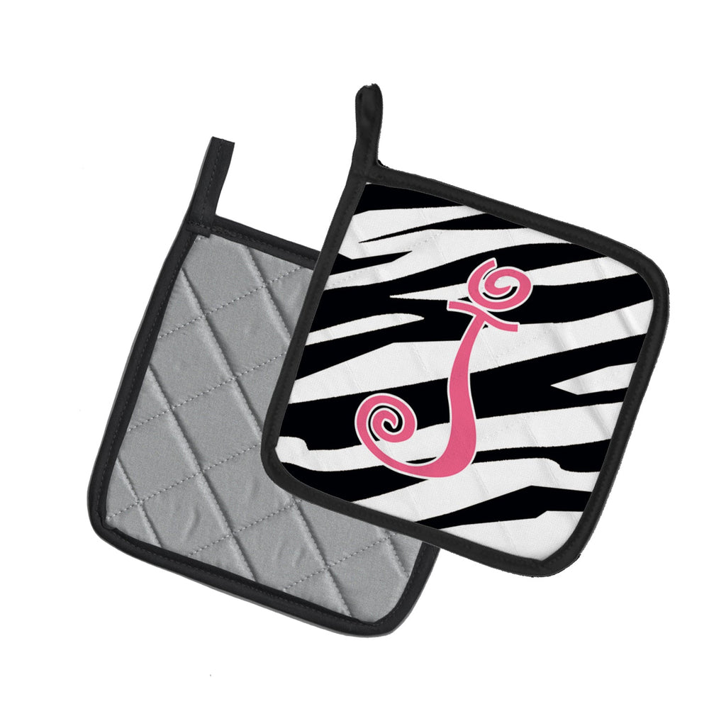 Letter J Initial Zebra Stripe and Pink Pot Holder Set of 2 Heat Resistant Quilted Hot Pads 7.5 x 7.5 Inch, Insulated Kitchen Trivets for Cooking & Baking
