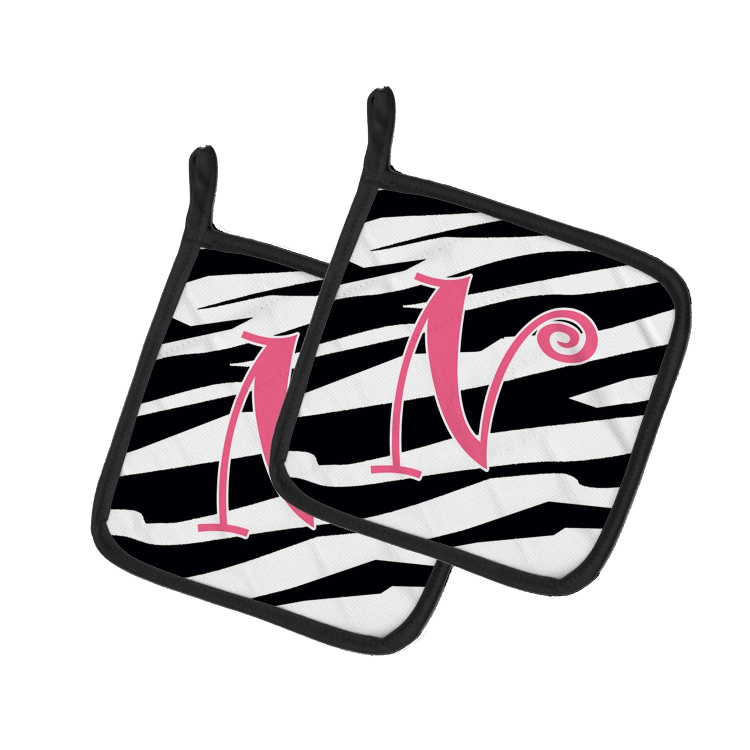 Letter N Initial Zebra Stripe and Pink Pot Holder Set of 2 Heat Resistant Quilted Hot Pads 7.5 x 7.5 Inch, Insulated Kitchen Trivets for Cooking & Baking