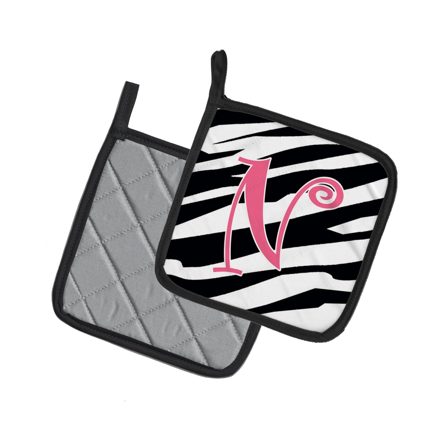 Letter N Initial Zebra Stripe and Pink Pot Holder Set of 2 Heat Resistant Quilted Hot Pads 7.5 x 7.5 Inch, Insulated Kitchen Trivets for Cooking & Baking