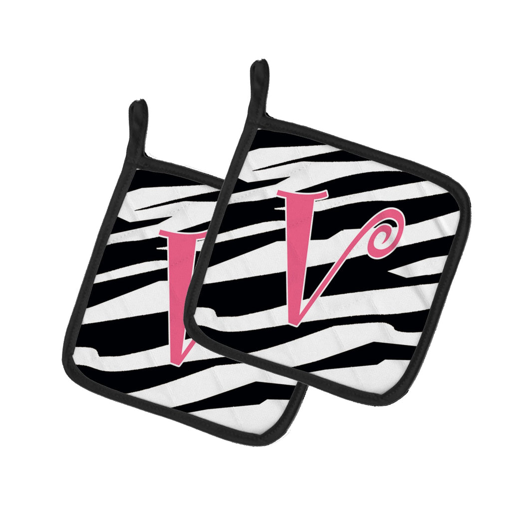 Letter V Initial  Zebra Stripe and Pink Pot Holder Set of 2 Heat Resistant Quilted Hot Pads 7.5 x 7.5 Inch, Insulated Kitchen Trivets for Cooking & Baking